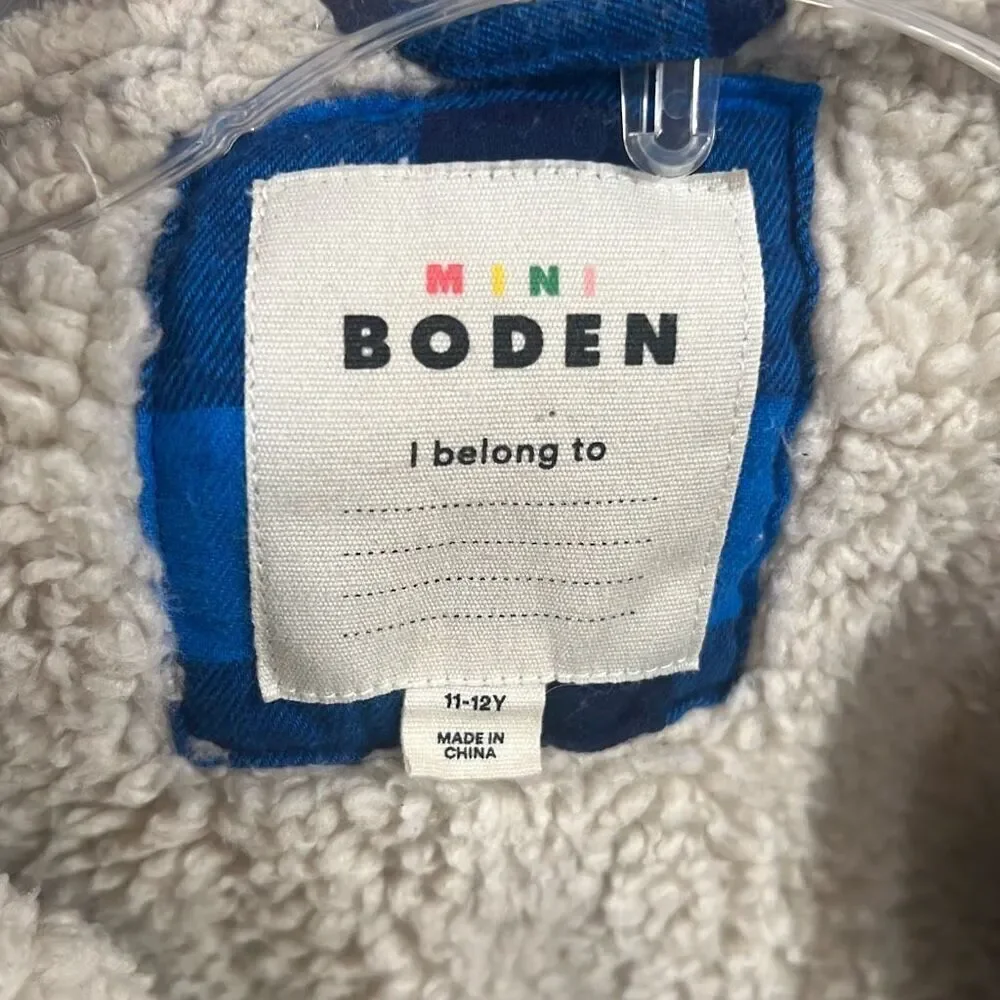 ✨MINI BODEN Hooded Check Fleece Lined Flannel Button-Up Sz 11-12Y Shirt In Blue✨